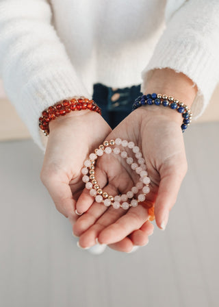 Rose Quartz : 14k Gold Filled Sun + Moon || Stretch Bracelets - A Roese Boutique