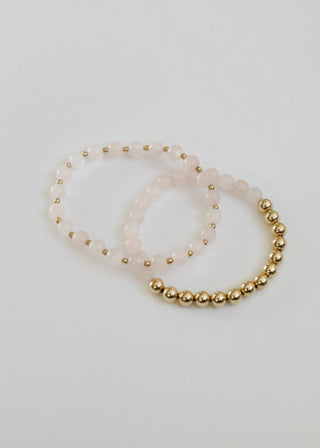 Rose Quartz : 14k Gold Filled Sun + Moon || Stretch Bracelets - A Roese Boutique