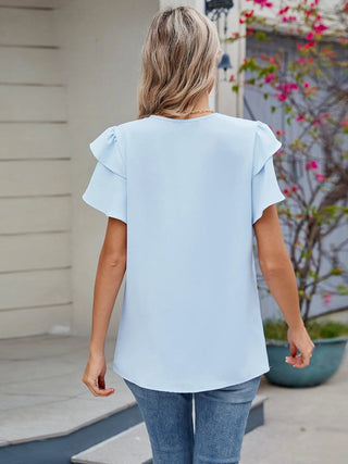 Round Neck Ruffled Layered Sleeve Blouse - A Roese Boutique