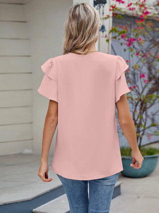Round Neck Ruffled Layered Sleeve Blouse - A Roese Boutique