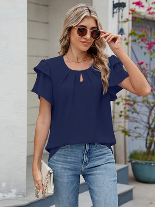Round Neck Ruffled Layered Sleeve Blouse - A Roese Boutique