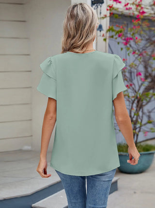 Round Neck Ruffled Layered Sleeve Blouse - A Roese Boutique