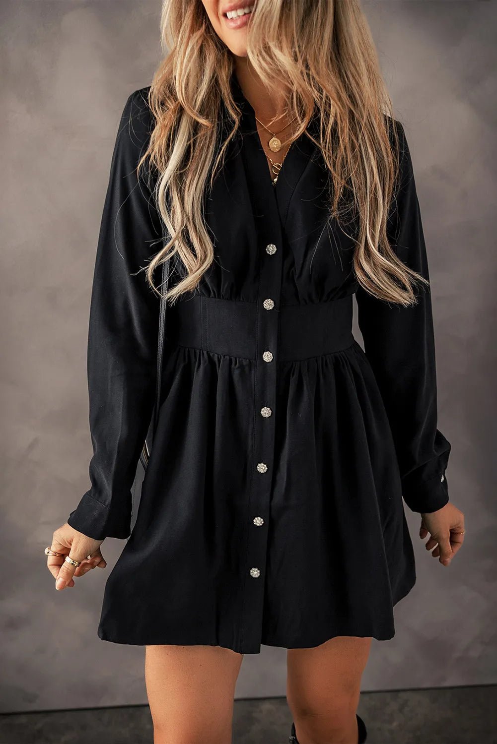 long sleeve ruched button up dress Long Sleeve Button Down Ruched Shirt Dress In Black | EGO US