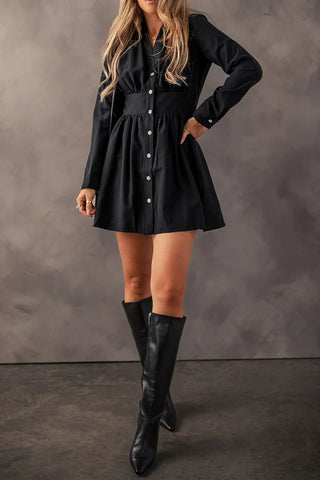 long sleeve button up ruched dress Long Sleeve Button Down Ruched Shirt Dress In Black