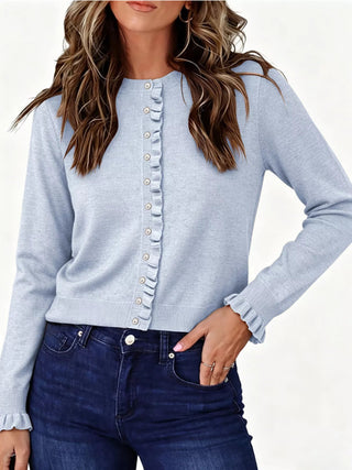 Ruffle-Trimmed Button-Down Knit Cardigan - A Roese Boutique