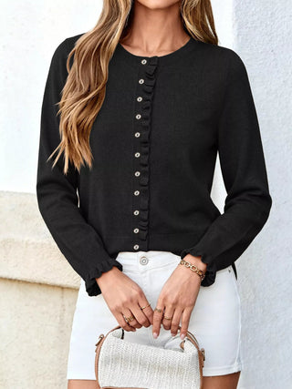 Ruffle-Trimmed Button-Down Knit Cardigan - A Roese Boutique