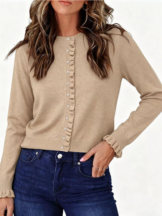 Ruffle-Trimmed Button-Down Knit Cardigan - A Roese Boutique