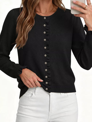 Ruffle-Trimmed Button-Down Knit Cardigan - A Roese Boutique