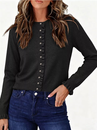 Ruffle-Trimmed Button-Down Knit Cardigan - A Roese Boutique