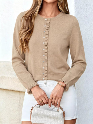 Ruffle-Trimmed Button-Down Knit Cardigan - A Roese Boutique
