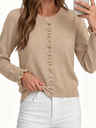 Ruffle-Trimmed Button-Down Knit Cardigan - A Roese Boutique