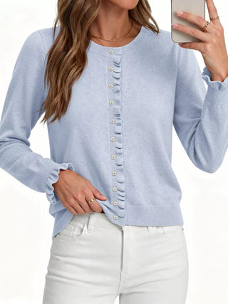 Ruffle-Trimmed Button-Down Knit Cardigan - A Roese Boutique