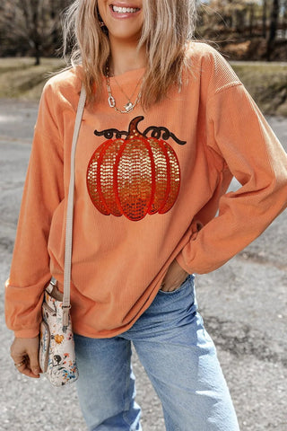 Sequin Pumpkin Round Neck Long Sleeve Sweatshirt - A Roese Boutique