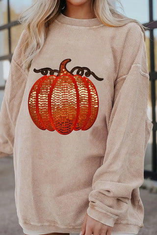 Sequin Pumpkin Round Neck Long Sleeve Sweatshirt - A Roese Boutique