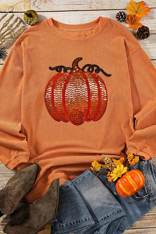 Sequin Pumpkin Round Neck Long Sleeve Sweatshirt - A Roese Boutique