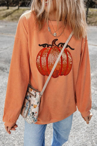 Sequin Pumpkin Round Neck Long Sleeve Sweatshirt - A Roese Boutique