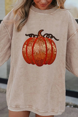 Sequin Pumpkin Round Neck Long Sleeve Sweatshirt - A Roese Boutique