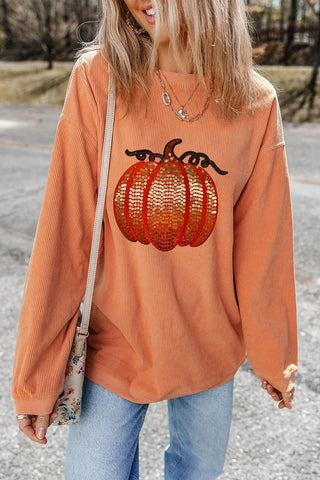 Sequin Pumpkin Round Neck Long Sleeve Sweatshirt - A Roese Boutique