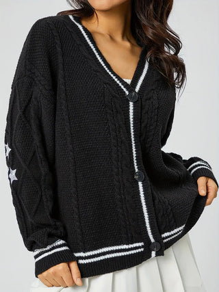 Star Embroidered V-Neck Long Sleeve Cardigan - A Roese Boutique