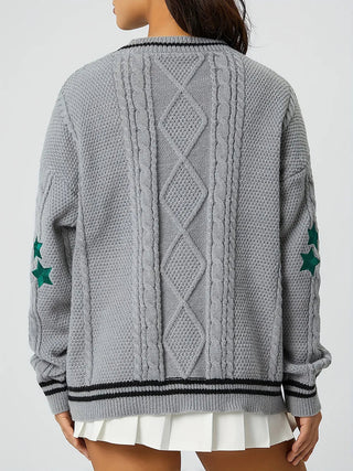 Star Embroidered V-Neck Long Sleeve Cardigan - A Roese Boutique