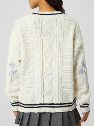 Star Embroidered V-Neck Long Sleeve Cardigan - A Roese Boutique