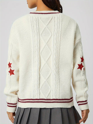 Star Embroidered V-Neck Long Sleeve Cardigan - A Roese Boutique