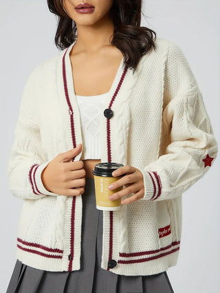 Star Embroidered V-Neck Long Sleeve Cardigan - A Roese Boutique