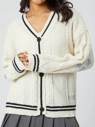 Star Embroidered V-Neck Long Sleeve Cardigan - A Roese Boutique