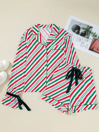 Stripe Contrast Velvet Ribbon Knot Christmas 2pcs Pajama Set - A Roese Boutique