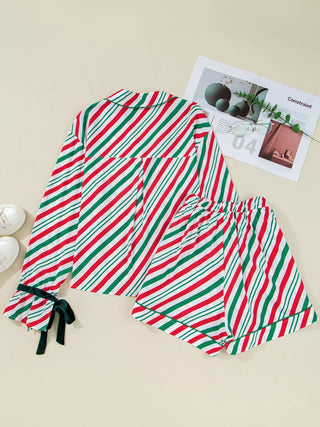 Stripe Contrast Velvet Ribbon Knot Christmas 2pcs Pajama Set - A Roese Boutique