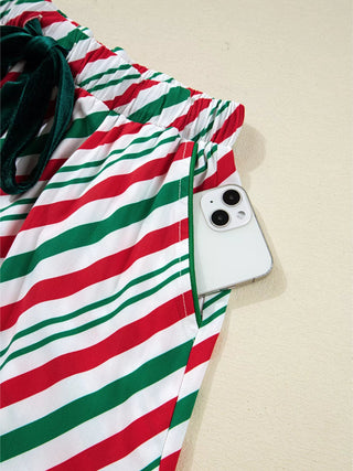 Stripe Contrast Velvet Ribbon Knot Christmas 2pcs Pajama Set - A Roese Boutique