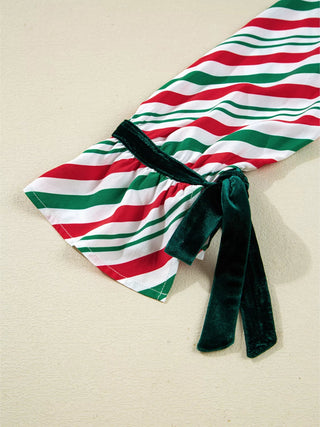 Stripe Contrast Velvet Ribbon Knot Christmas 2pcs Pajama Set - A Roese Boutique