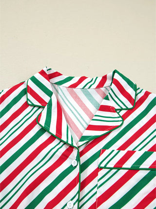 Stripe Contrast Velvet Ribbon Knot Christmas 2pcs Pajama Set - A Roese Boutique