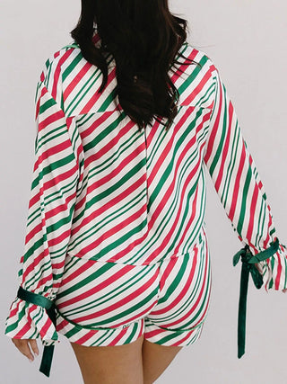 Stripe Contrast Velvet Ribbon Knot Christmas 2pcs Pajama Set - A Roese Boutique