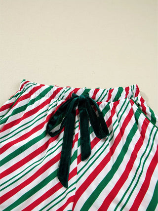 Stripe Contrast Velvet Ribbon Knot Christmas 2pcs Pajama Set - A Roese Boutique