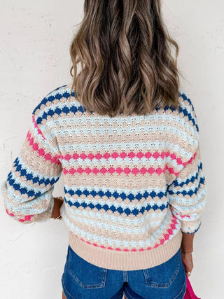 Stripe Eyelet Patterned Drop Shoulder Sweater - A Roese Boutique