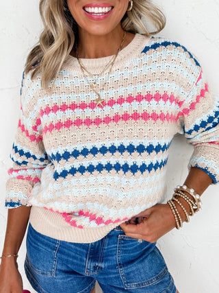 Stripe Eyelet Patterned Drop Shoulder Sweater - A Roese Boutique