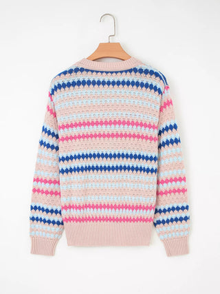 Stripe Eyelet Patterned Drop Shoulder Sweater - A Roese Boutique