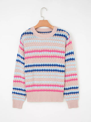 Stripe Eyelet Patterned Drop Shoulder Sweater - A Roese Boutique