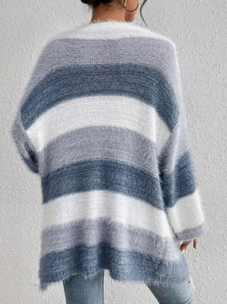 Striped Fuzzy Knit Open Front Cardigan - A Roese Boutique