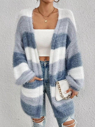 Striped Fuzzy Knit Open Front Cardigan - A Roese Boutique