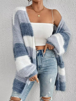 Striped Fuzzy Knit Open Front Cardigan - A Roese Boutique