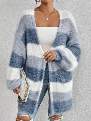 Striped Fuzzy Knit Open Front Cardigan - A Roese Boutique