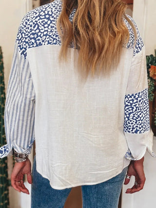 Striped Patchwork Button Down Shirt with Leopard Print Details - A Roese Boutique