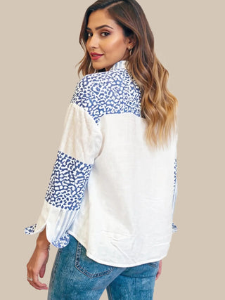 Striped Patchwork Button Down Shirt with Leopard Print Details - A Roese Boutique