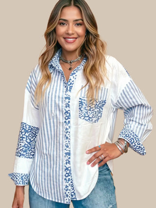 Striped Patchwork Button Down Shirt with Leopard Print Details - A Roese Boutique