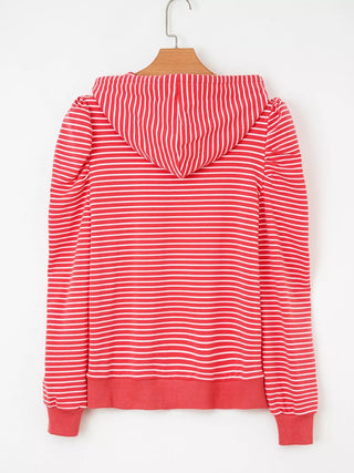 Striped Puff Sleeve Hoodie with Drawstring - A Roese Boutique