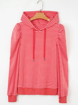 Striped Puff Sleeve Hoodie with Drawstring - A Roese Boutique