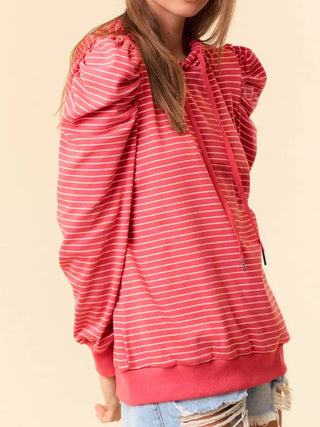 Striped Puff Sleeve Hoodie with Drawstring - A Roese Boutique