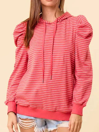 Striped Puff Sleeve Hoodie with Drawstring - A Roese Boutique